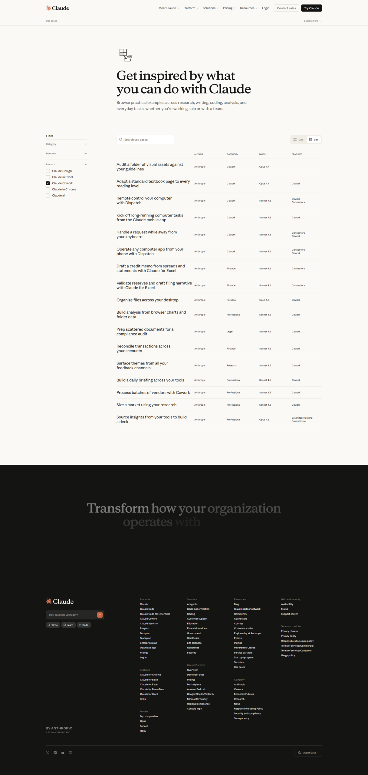 Claude resources use cases page filtered for Claude Cowork examples