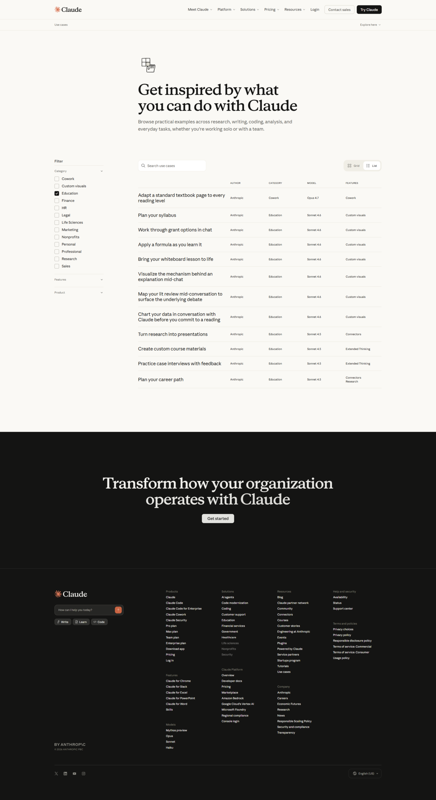 Claude resources use cases page filtered for Education examples